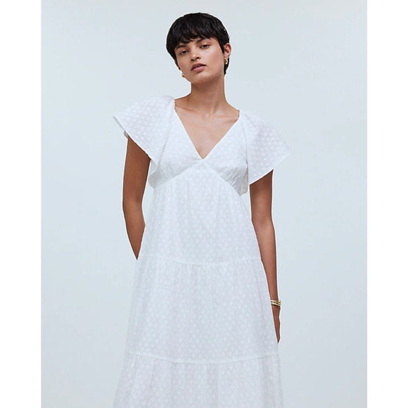 Madewell Tie Back Flutter Sleeve Tiered Midi Dress White Cottagecore US 8 NWT - Picture 2 of 16